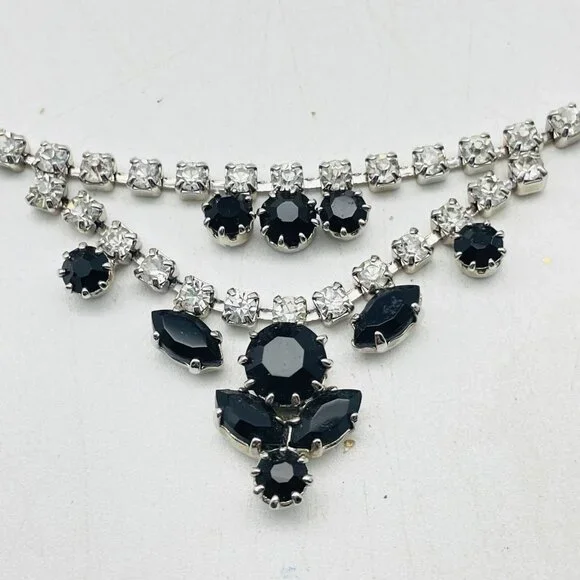 Vintage Black Rhinestone Necklace Silver Tone Choker Evening Jewelry - Picture 3 of 9